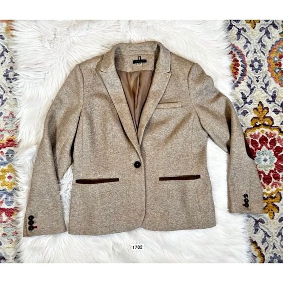 Tommy Hilfiger Suit Jacket Blazer Women's 16 Beige Elbow Patches Shoulder Pads - Picture 1 of 10